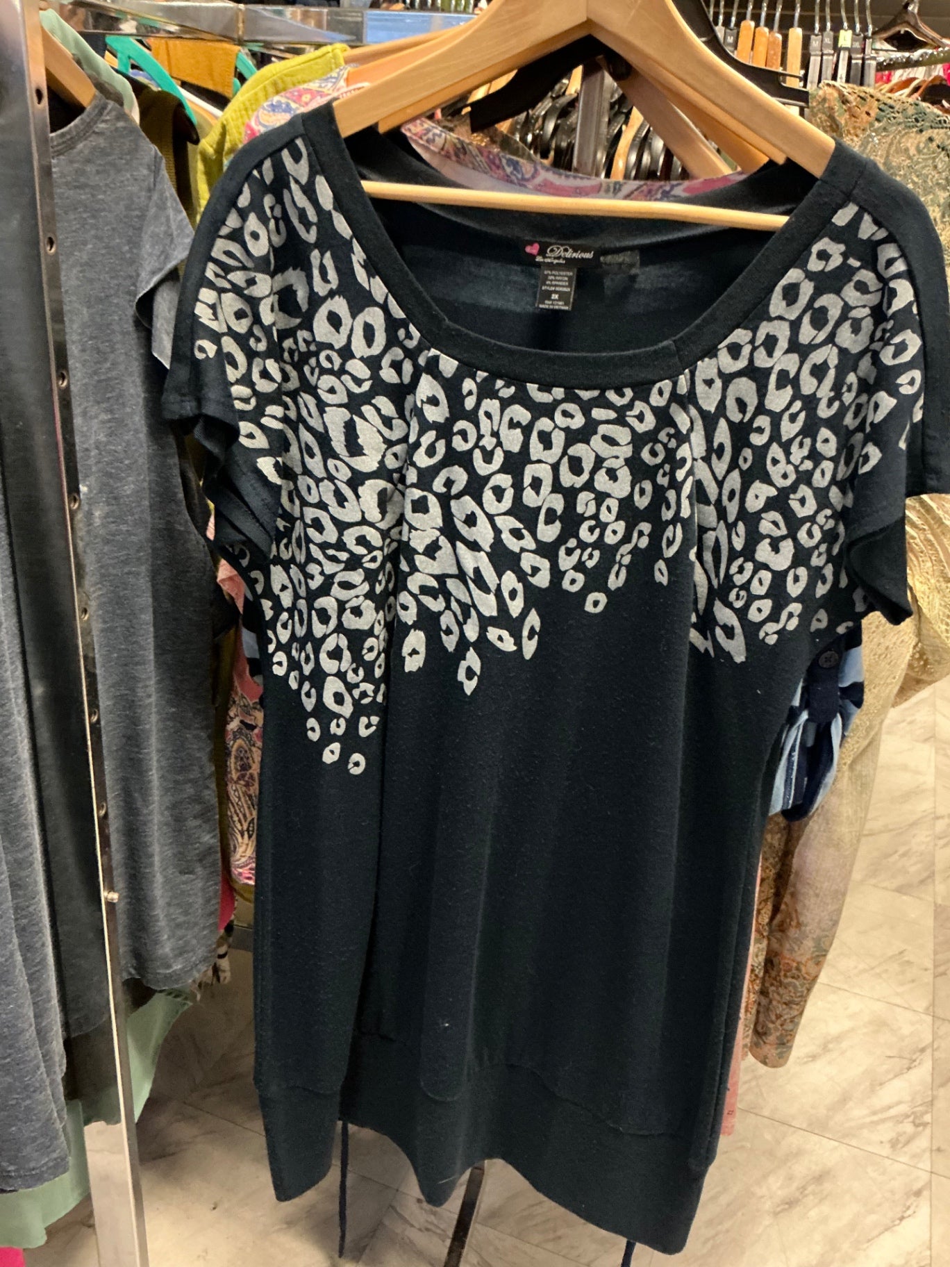 Delirious Tunic Top Navy with White Leopard Print