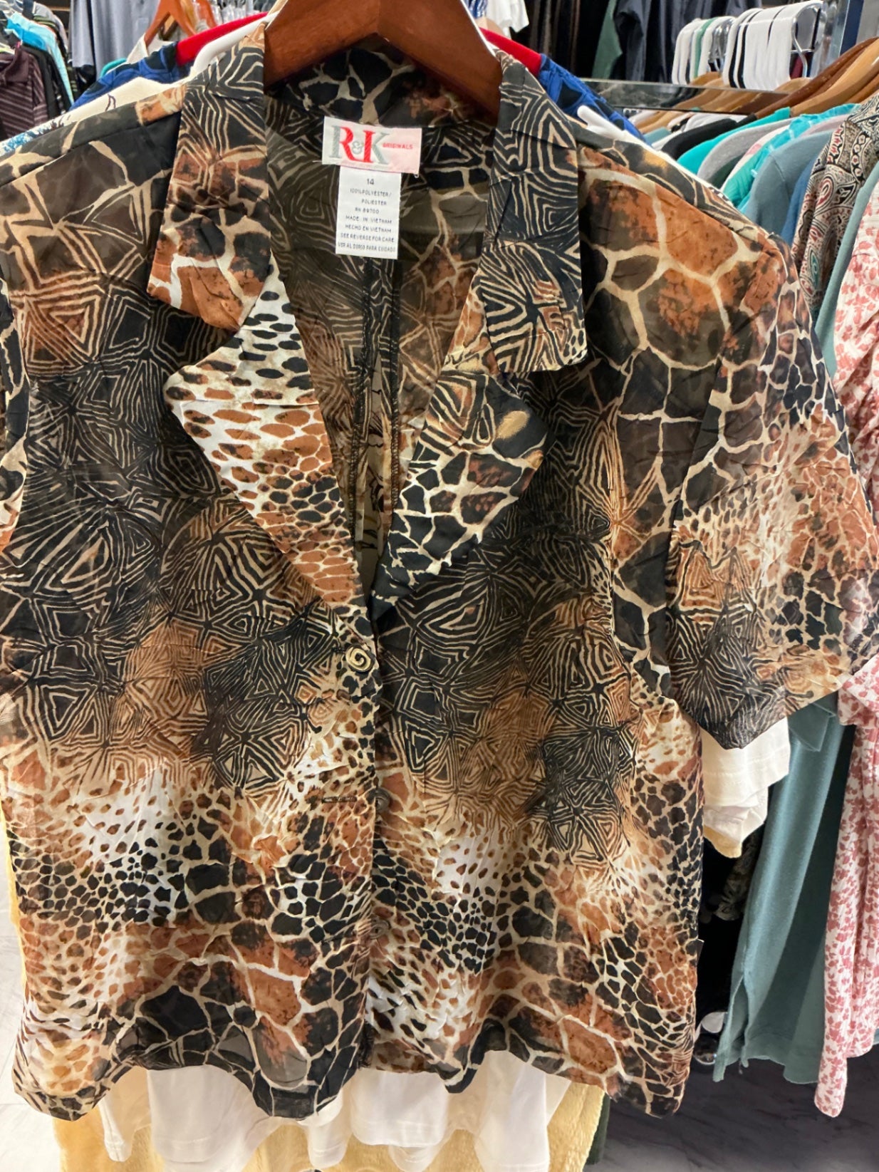 R&K Originals Blouse 14 Animal Print Sheer