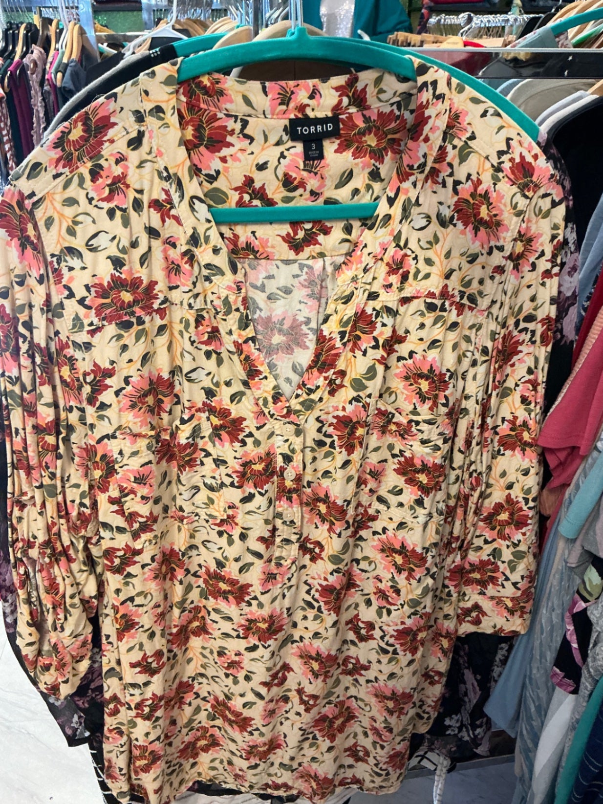 Torrid Blouse 3 Beige with Floral Print