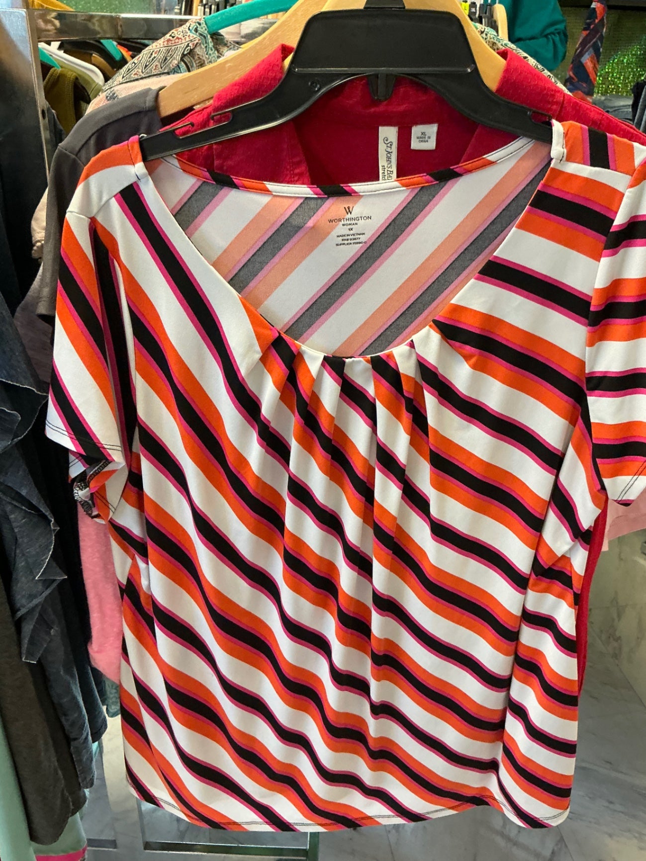 Worthington Blouse 1x Multicolor with orange, pink, black, and white stripes