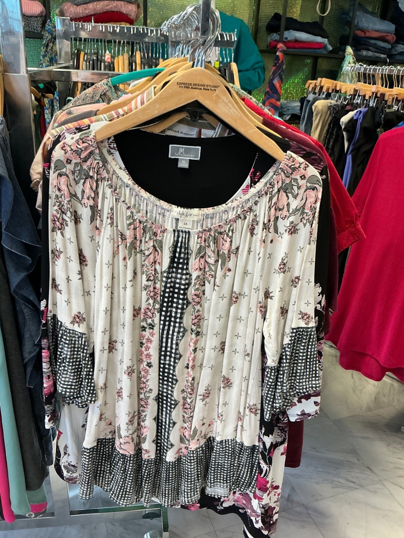 Style & Co. Blouse 1X Multi-color with floral and check patterns
