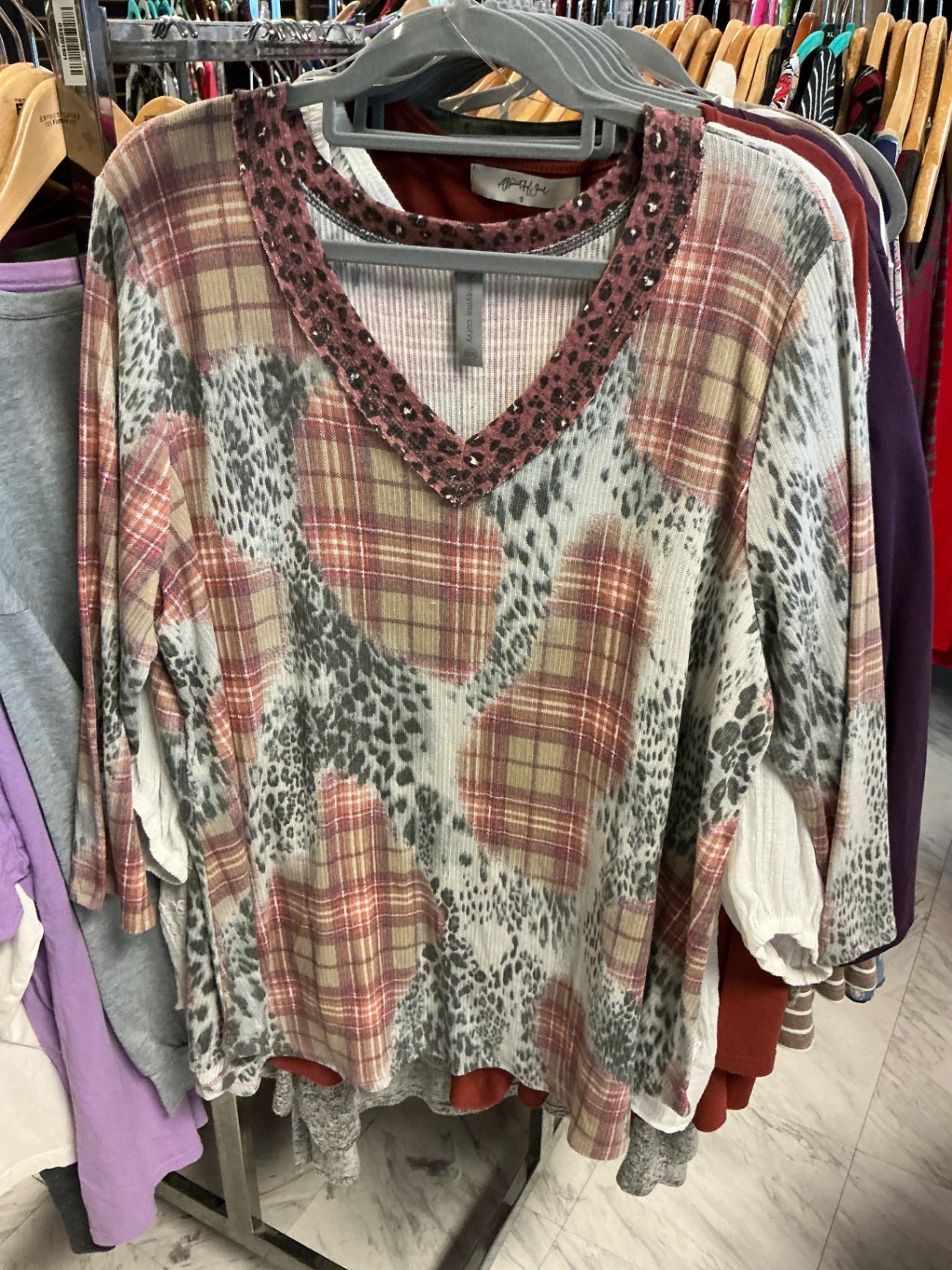 Honeyme Curvy Long Sleeve Top XXXL Multicolor with Plaid and Animal Print