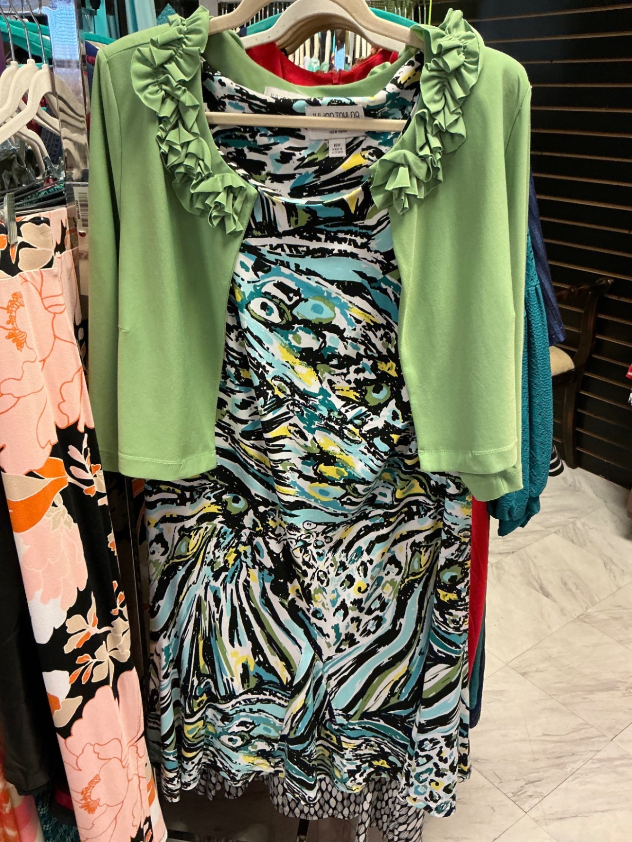 Julian Taylor Dress with Jacket 18 Green and Multicolor