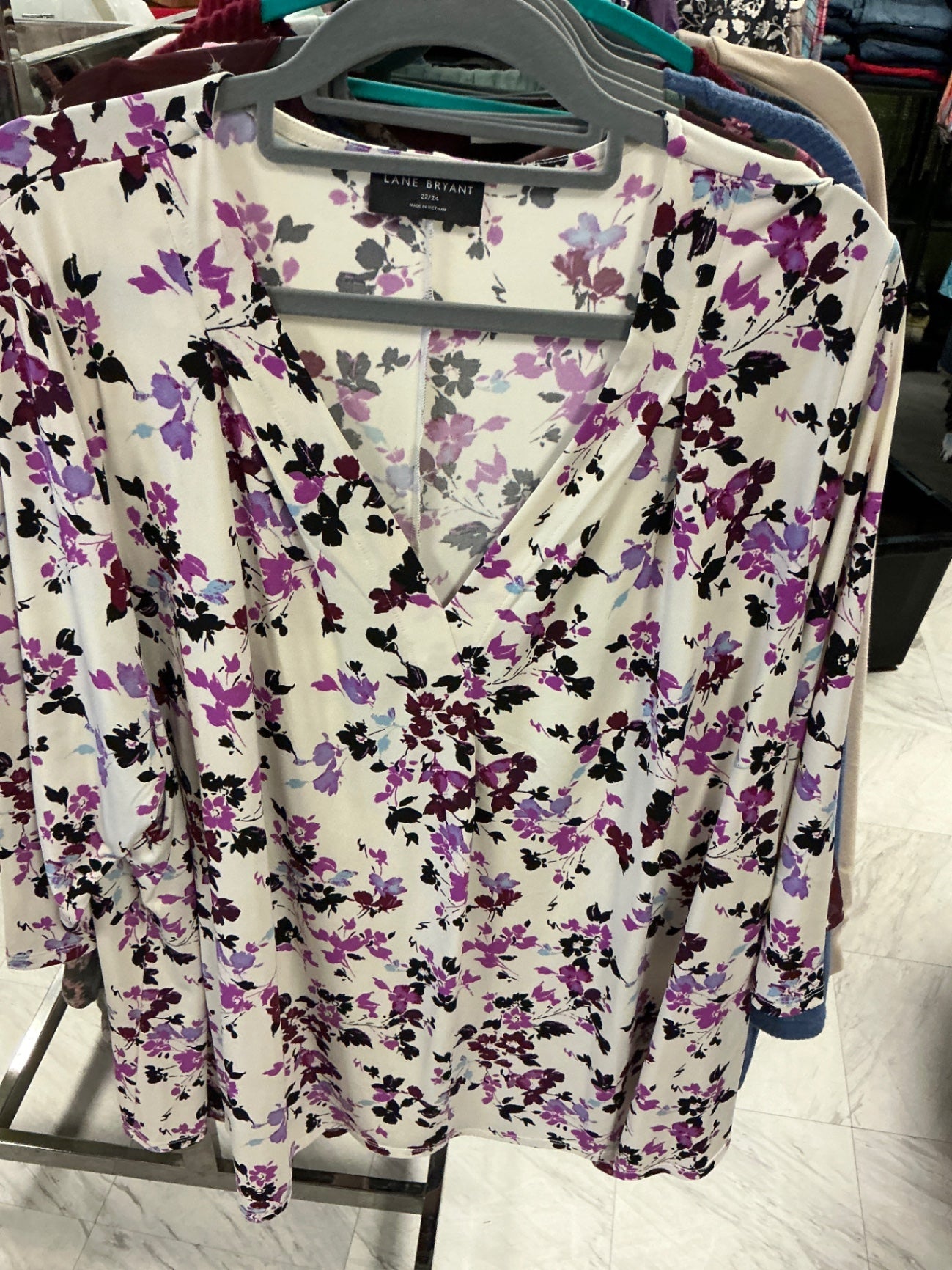 Lane Bryant Blouse 22/24 White with Purple Floral Print