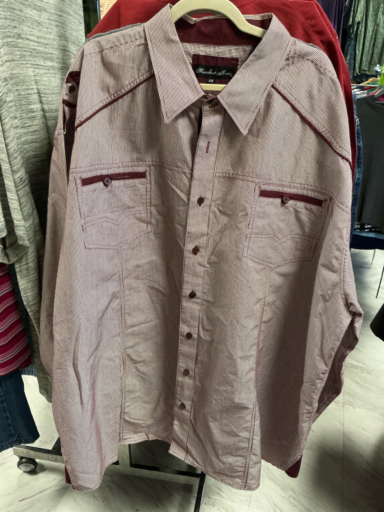 Knockout Jeans Button-Up Shirt 5XB Maroon and White Striped