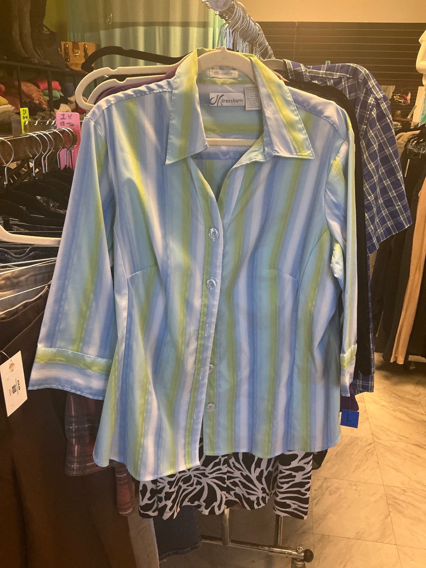 Dressbarn Shirt 14w/16w Blue and Green Striped