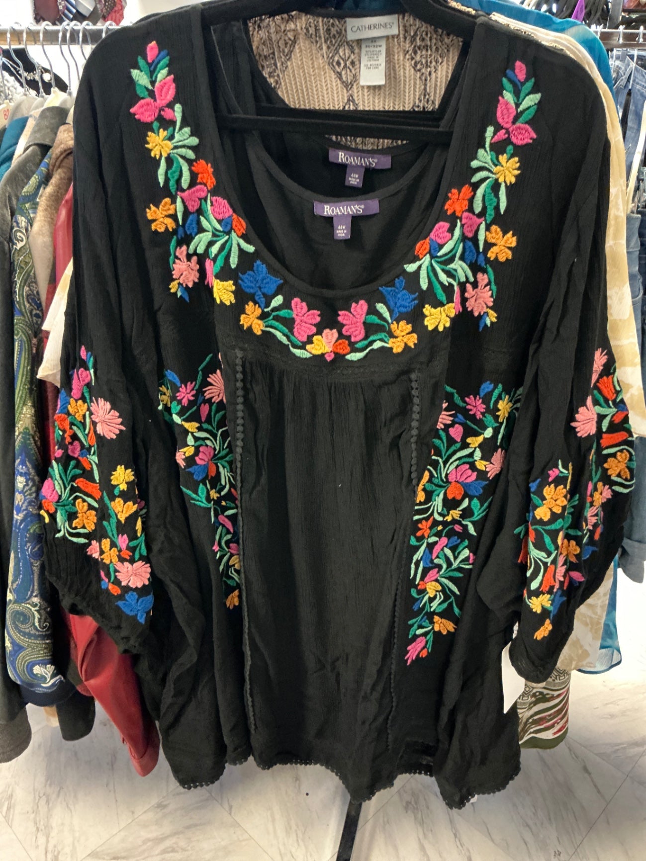 Roamans Blouse - Black with multicolored embroidery - 44W NWT
