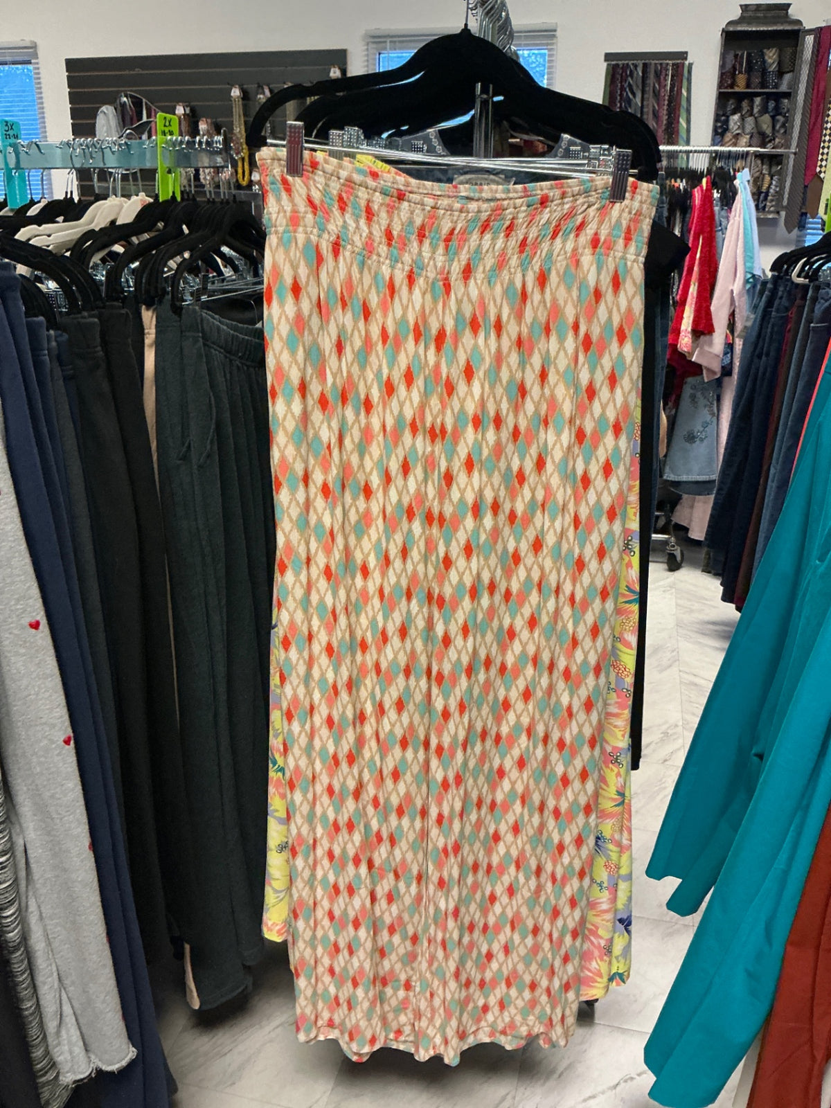 Slim-Sation Wide Leg Pant - Beige with red, blue, and orange diamond pattern - 3X