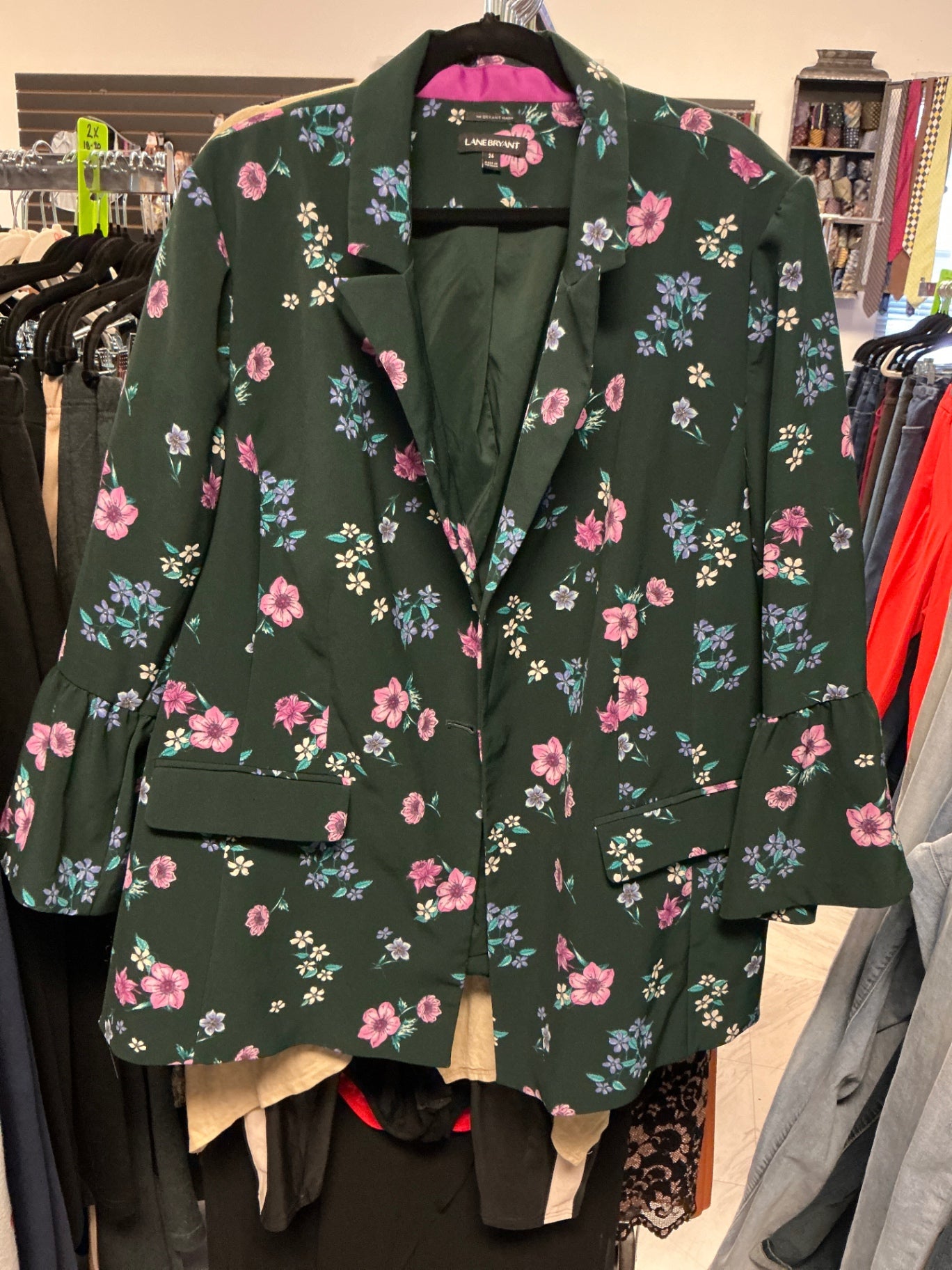 LANE BRYANT Blazer - Dark green with pink, blue, white, and purple floral pattern - 26