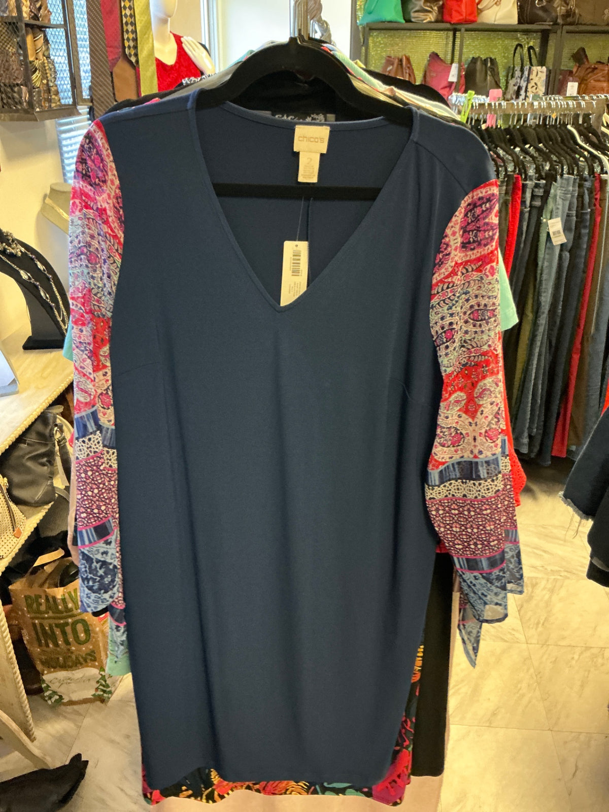 Chico's Dress - Navy blue with multicolor patterned sleeves - 2 NWT
