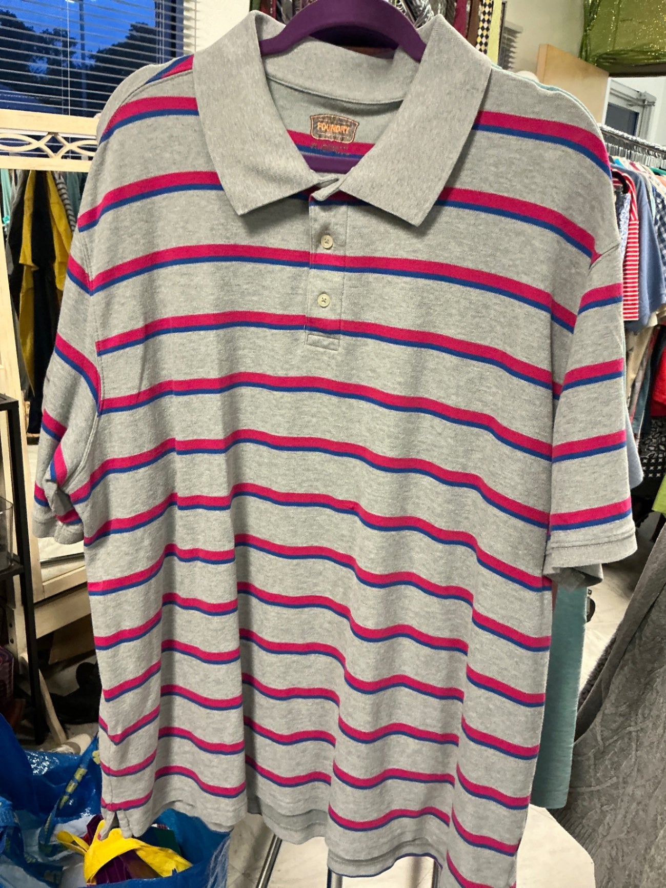 Foundry Polo Shirt - Gray with Pink and Blue Stripes - 3XL
