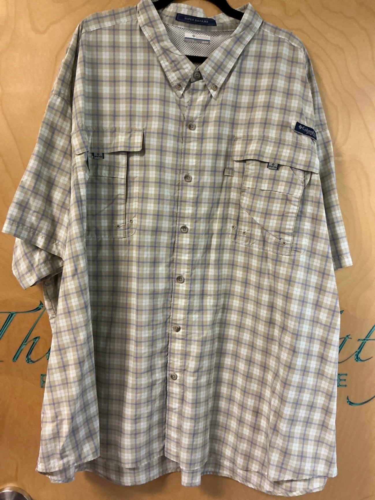 Columbia Short Sleeve Button-Up Shirt - Beige, white, lavender plaid - 5X