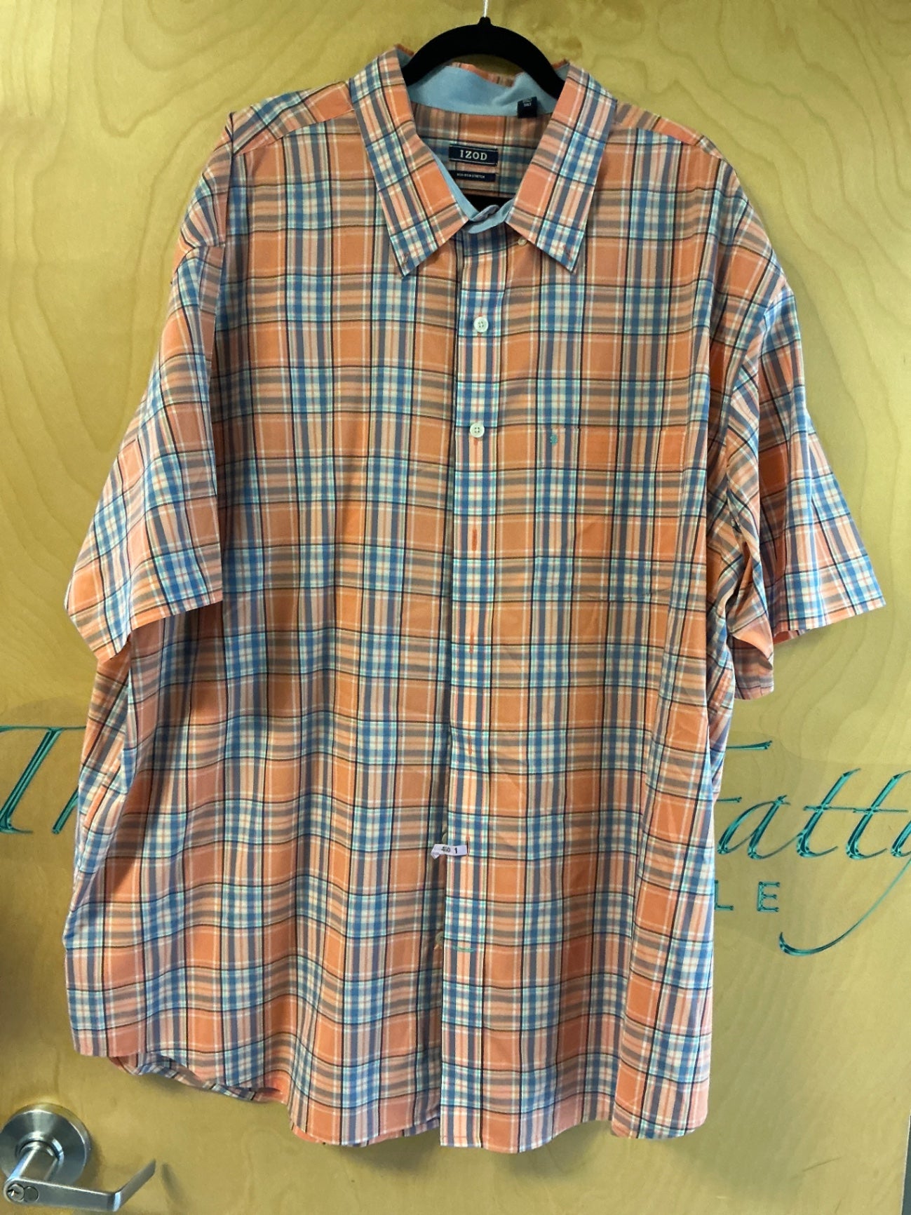 IZOD Short Sleeve Button-Up Shirt - Peach with blue, white, and black plaid pattern - 3XLT