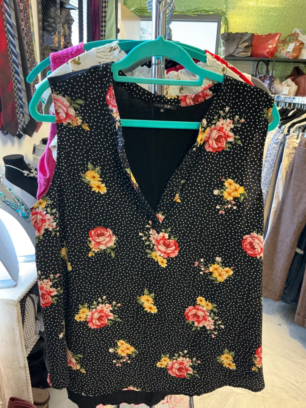 PAPERMOON Sleeveless Blouse - Black with floral pattern and white dots - 2X