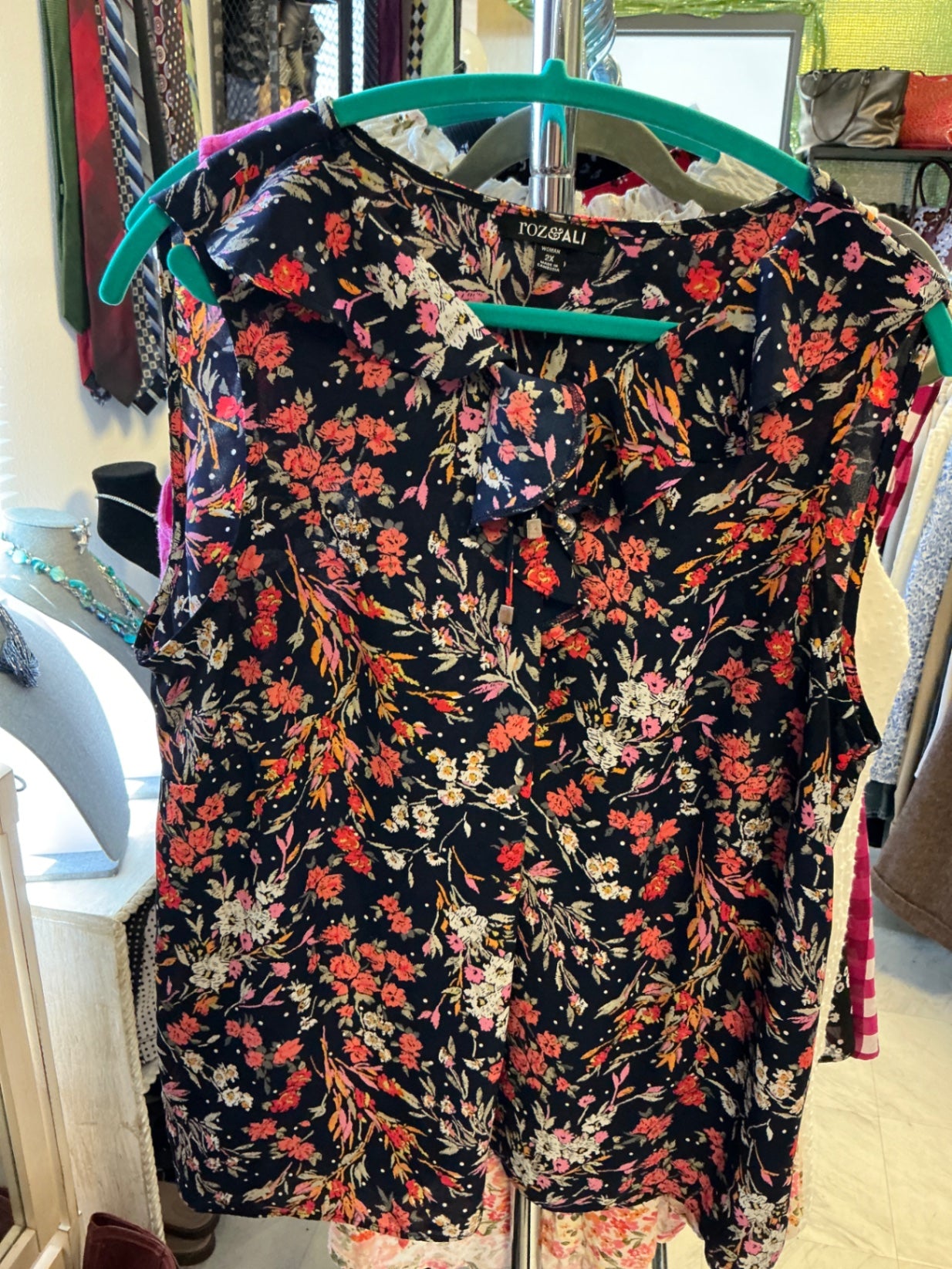 ROZALI Sleeveless Blouse - Navy Blue with multicolor floral pattern - 2X