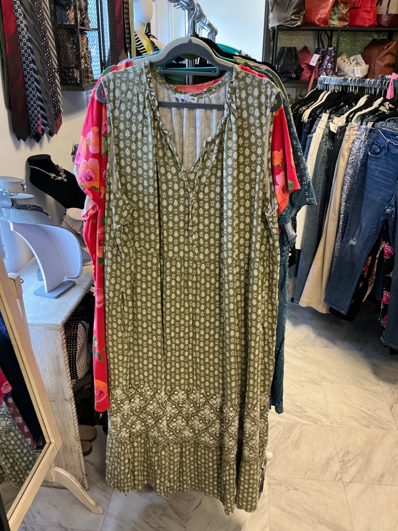 Sonoma Dress - Olive green with white pattern - 5X