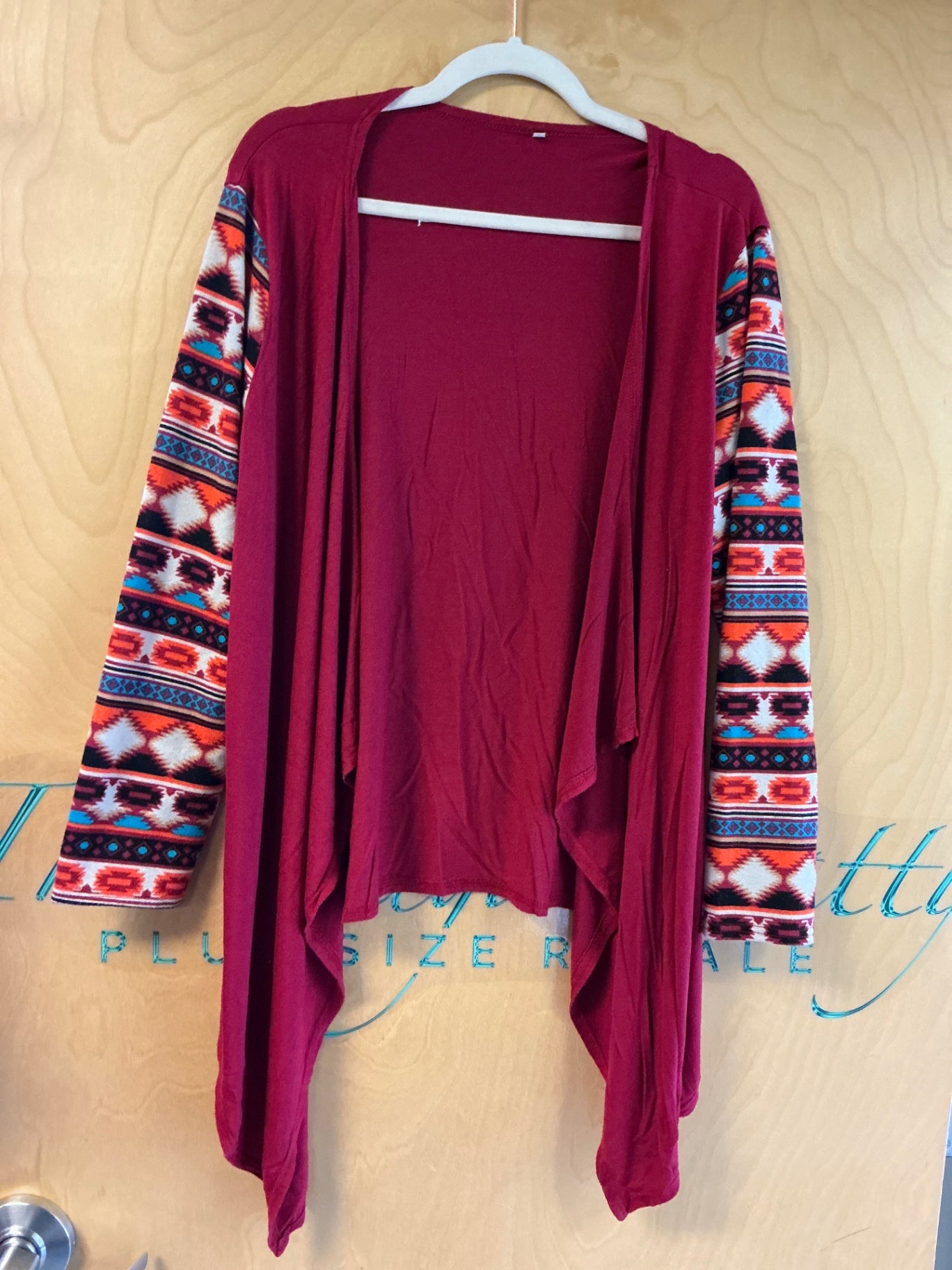 Kimono cardigan - Burgundy with multicolored patterned sleeves - XL