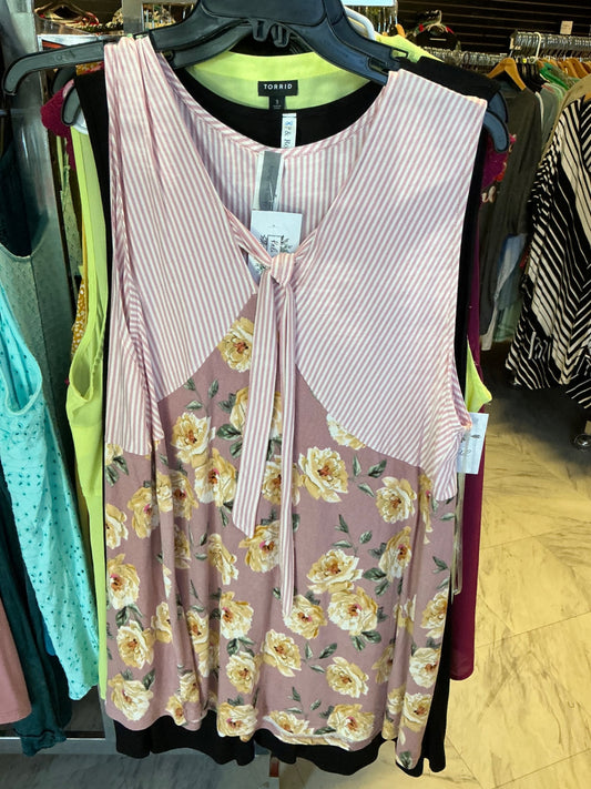 Honeyme Curvy Sleeveless Blouse 3X Pink with Yellow Floral Pattern