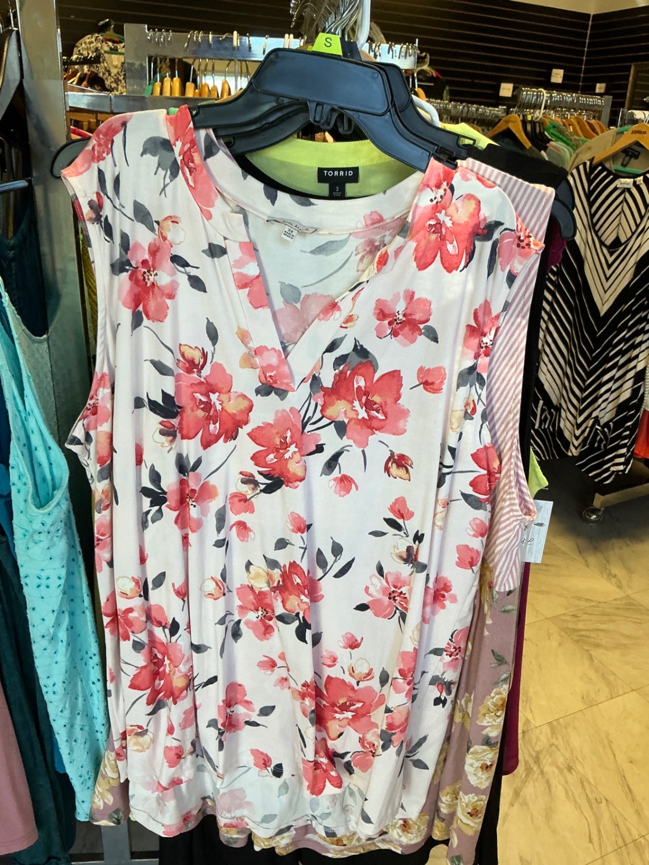 White Birch Sleeveless Top 3X White with Pink Floral Print