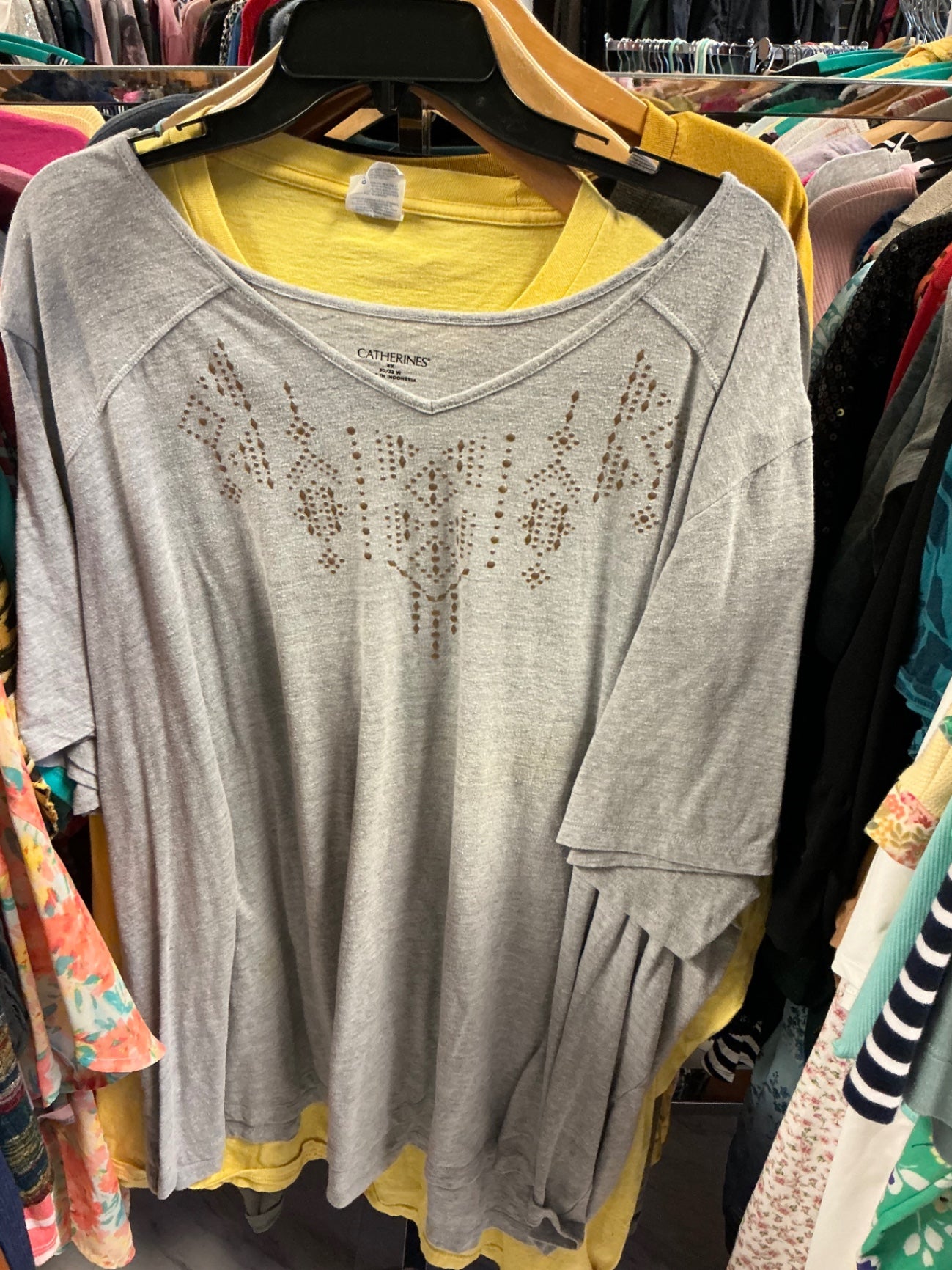 Catherines V Neck T-Shirt 4X Gray w/ Gold Embellishment