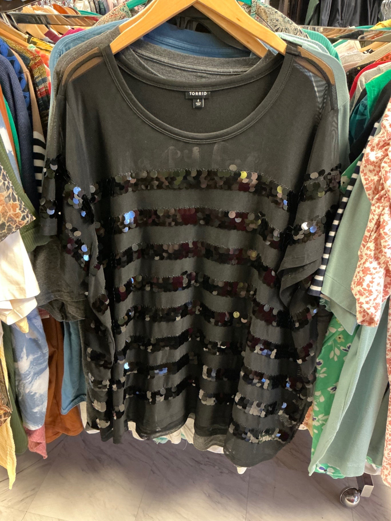 Torrid Sequin Top 4 Black and Sheer Stripe
