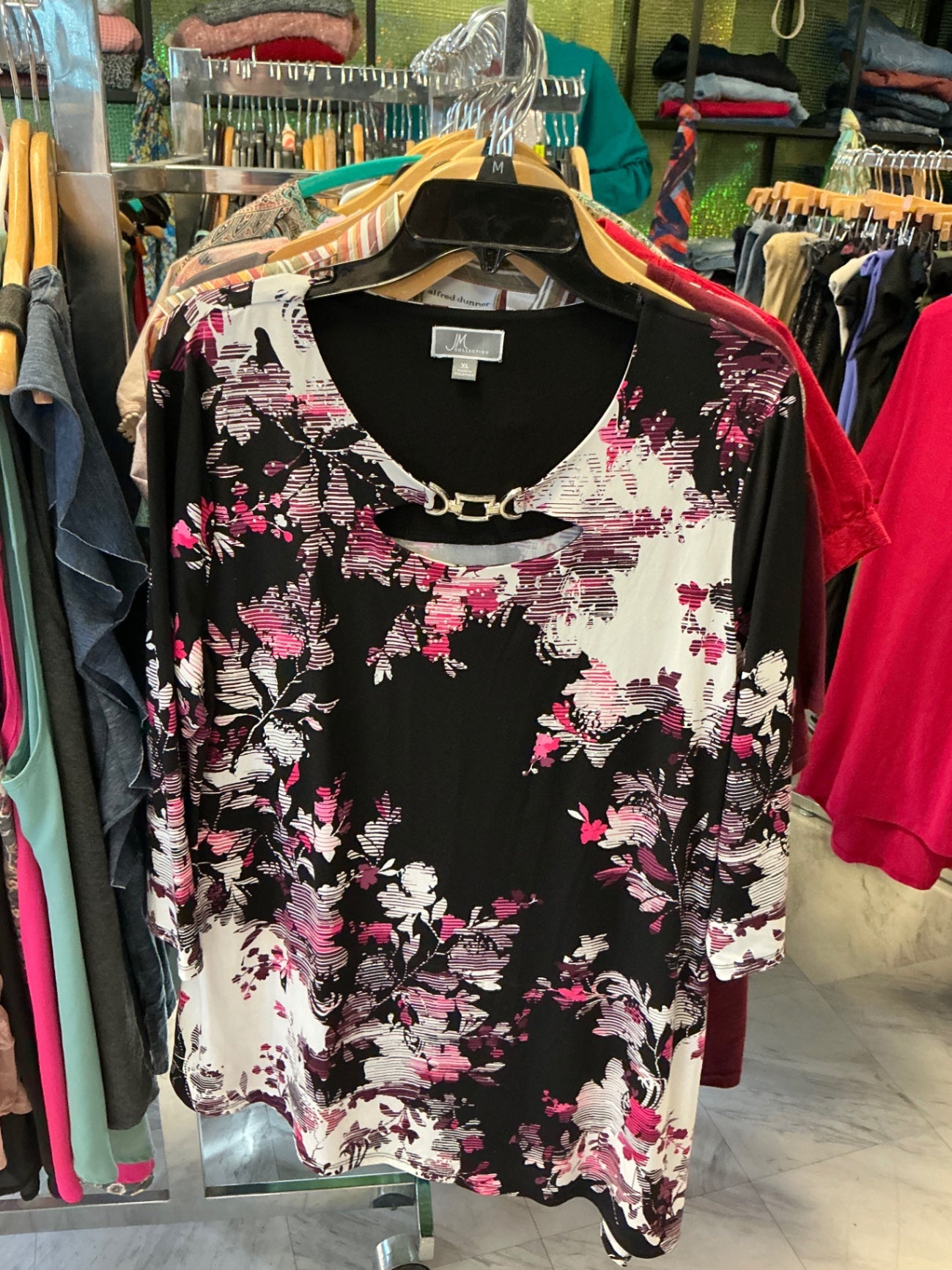 JM Collection Blouse XL Black with Pink and White Floral Print