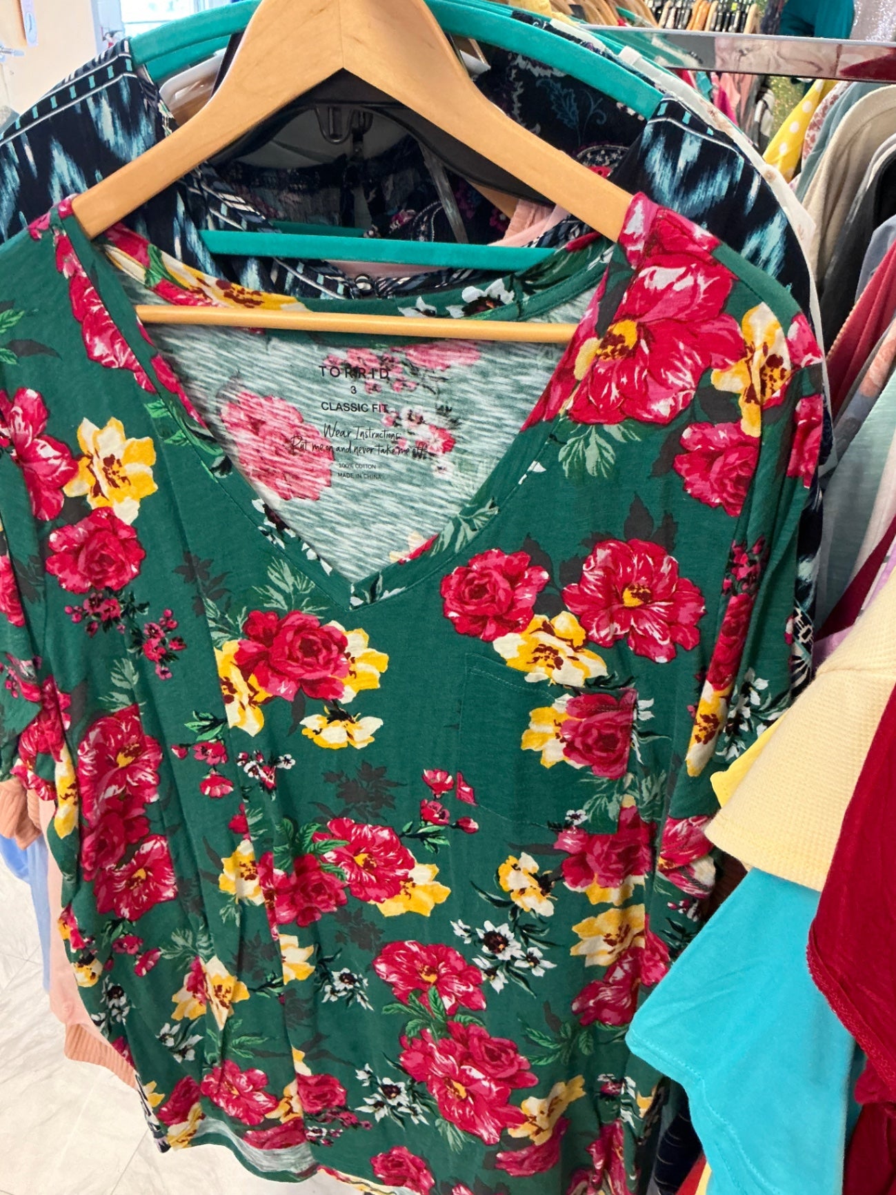Torrid Blouse 3 Green with Red and Yellow Floral Print