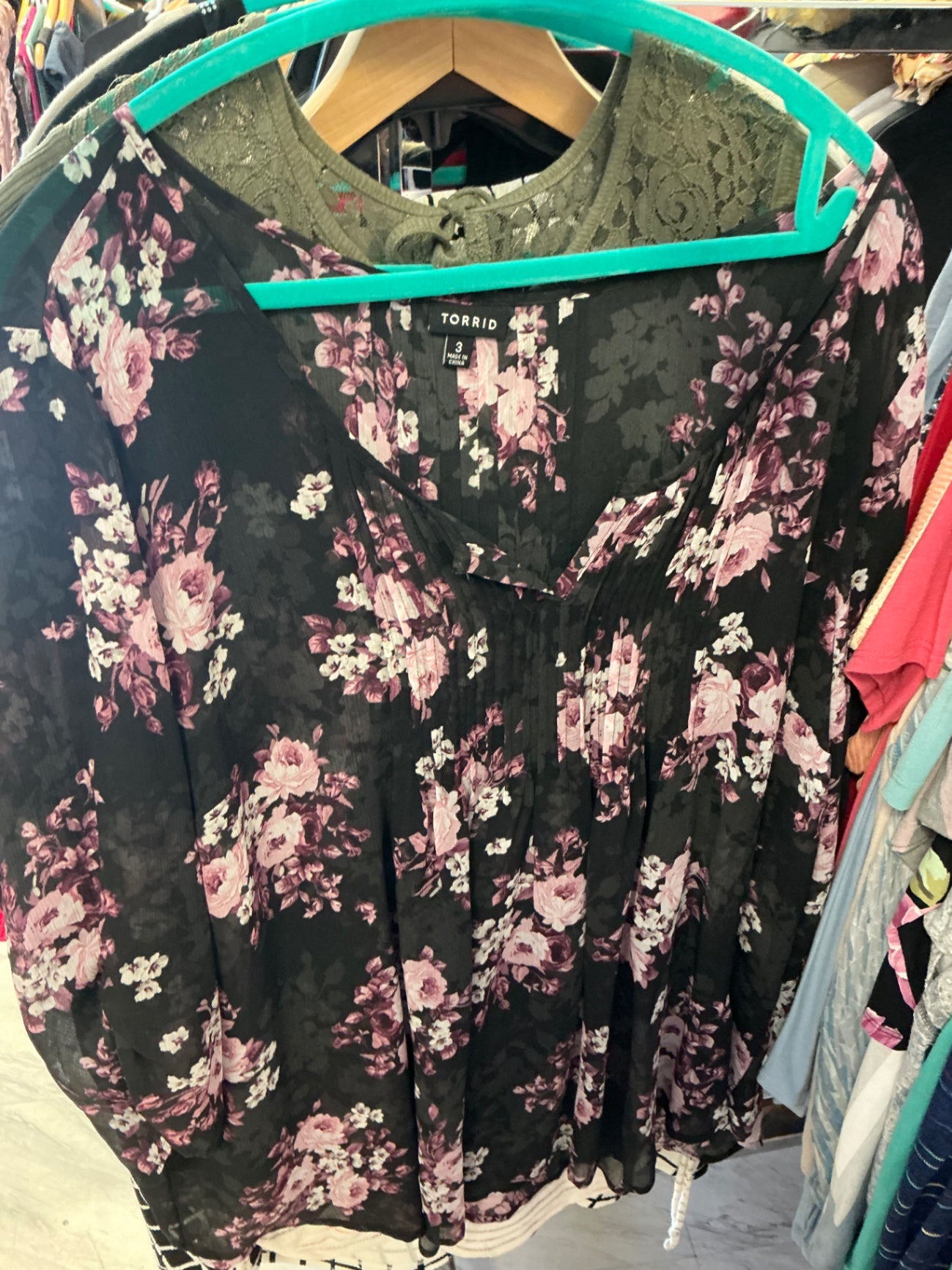 Torrid Blouse 3 Black with Pink Floral