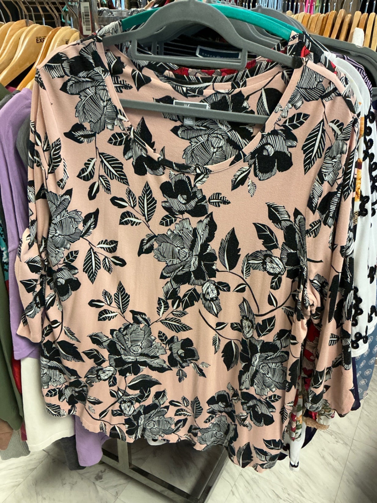 JM Collection Blouse XXL Pink with Black Floral Print