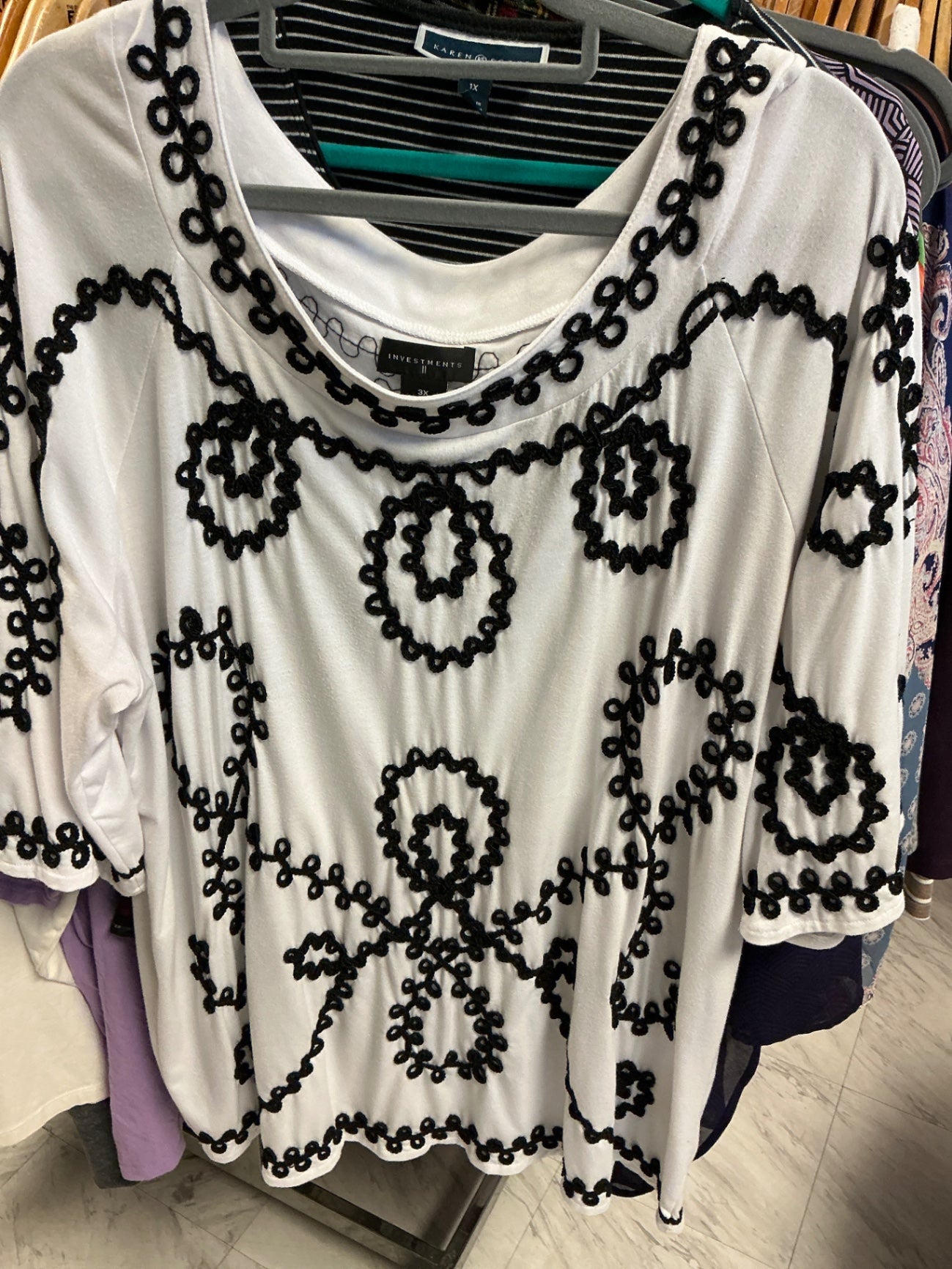 Investments Blouse 3X White with Black Embroidery