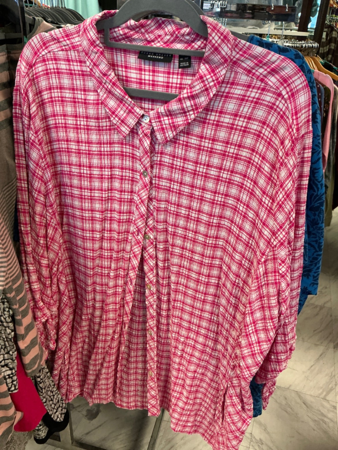 Susan Graver Button-Up Shirt 5X Pink and White Plaid