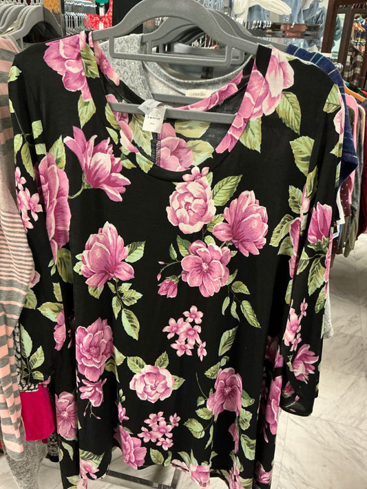 Honeyme Curvy Blouse XXXL Black with Pink Floral Print