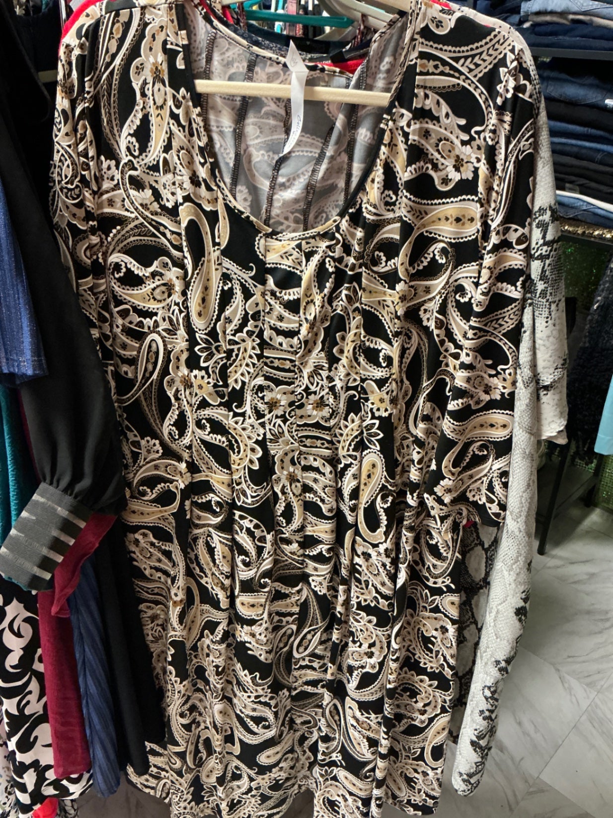 NY Collection Dress 3X Black with Beige Pattern