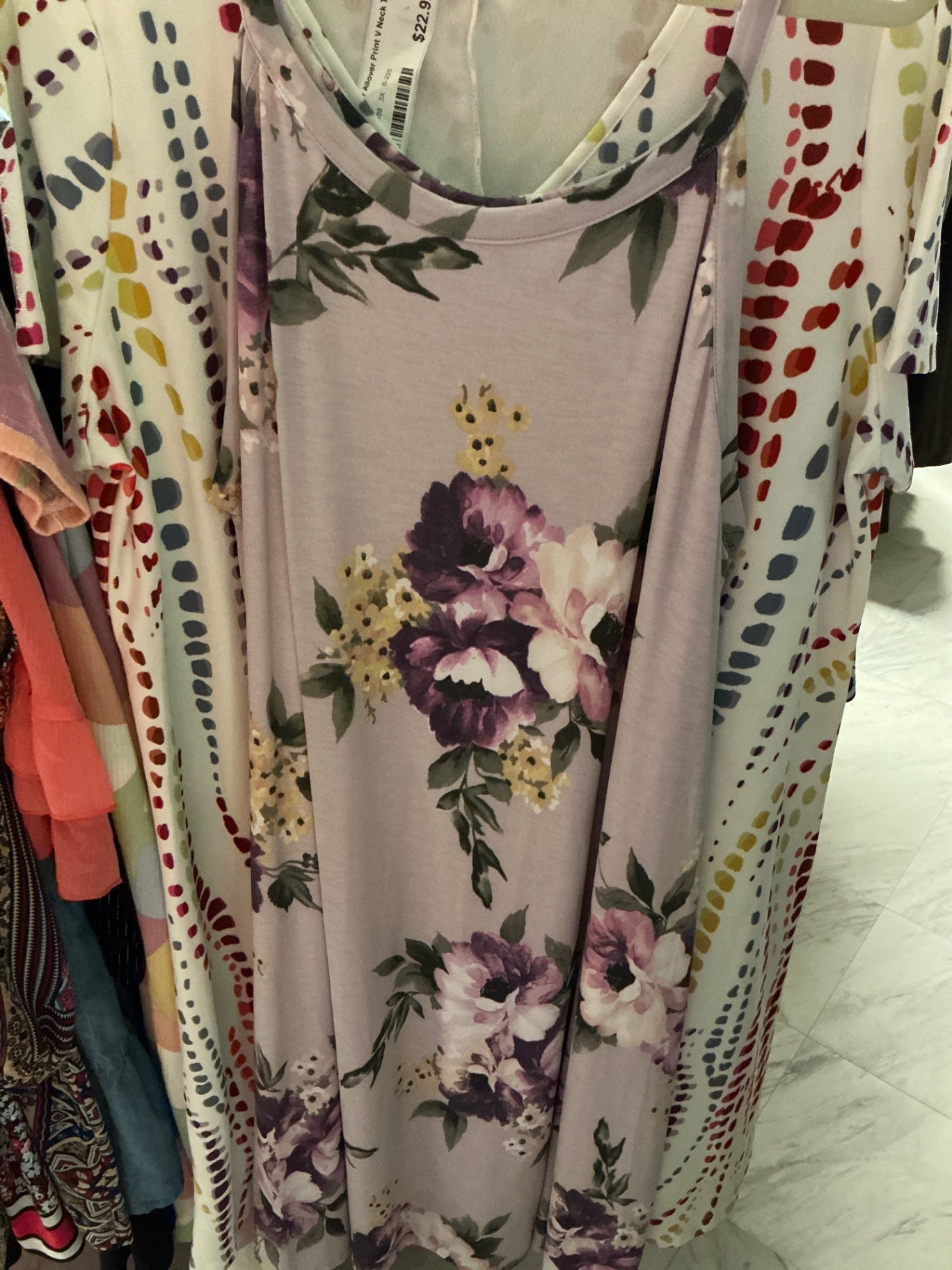 White Birch Dress 3X Lavender with multicolor floral print