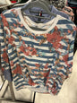 Moa Moa Long-Sleeve T-Shirt 2X Blue and White with Floral Print