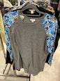 LuLaRoe Raglan T-Shirt 2X Gray with blue patterned sleeves