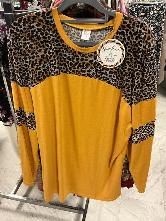 Sunshine & Rodeos Long Sleeve Shirt 3XL Mustard Yellow with Leopard Print NWT