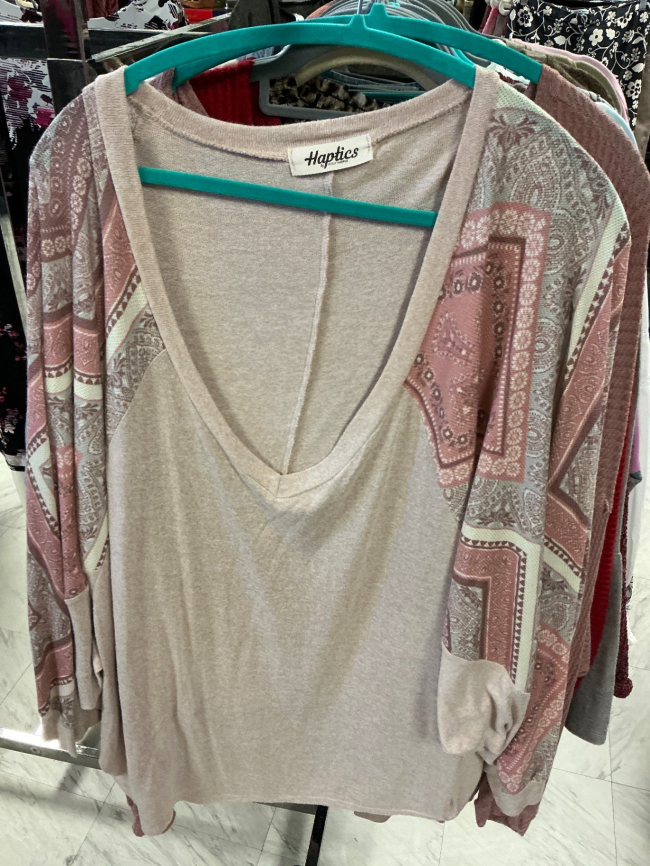 Haptics Long Sleeve Top 3X Beige and Pink