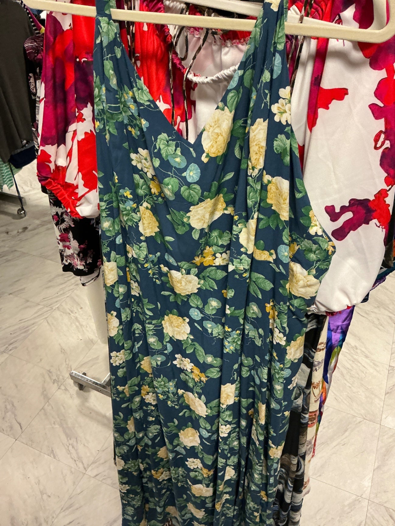 Old Navy Maxi Dress 4X Teal with Yellow Floral Print