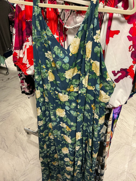 Old Navy Maxi Dress 4X Teal with Yellow Floral Print