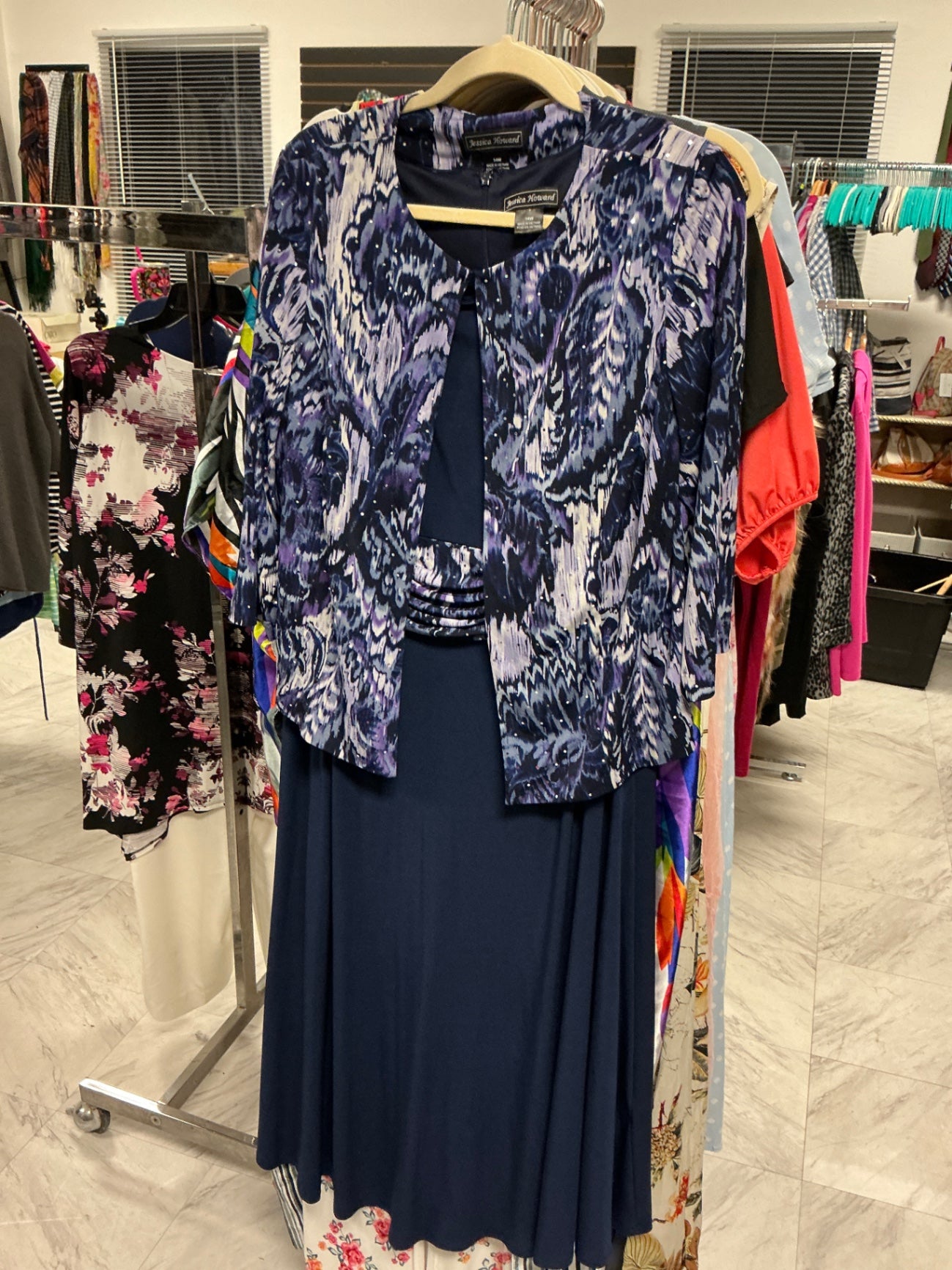 Jessica Howard Dress with Jacket 14W Navy Blue and Multi