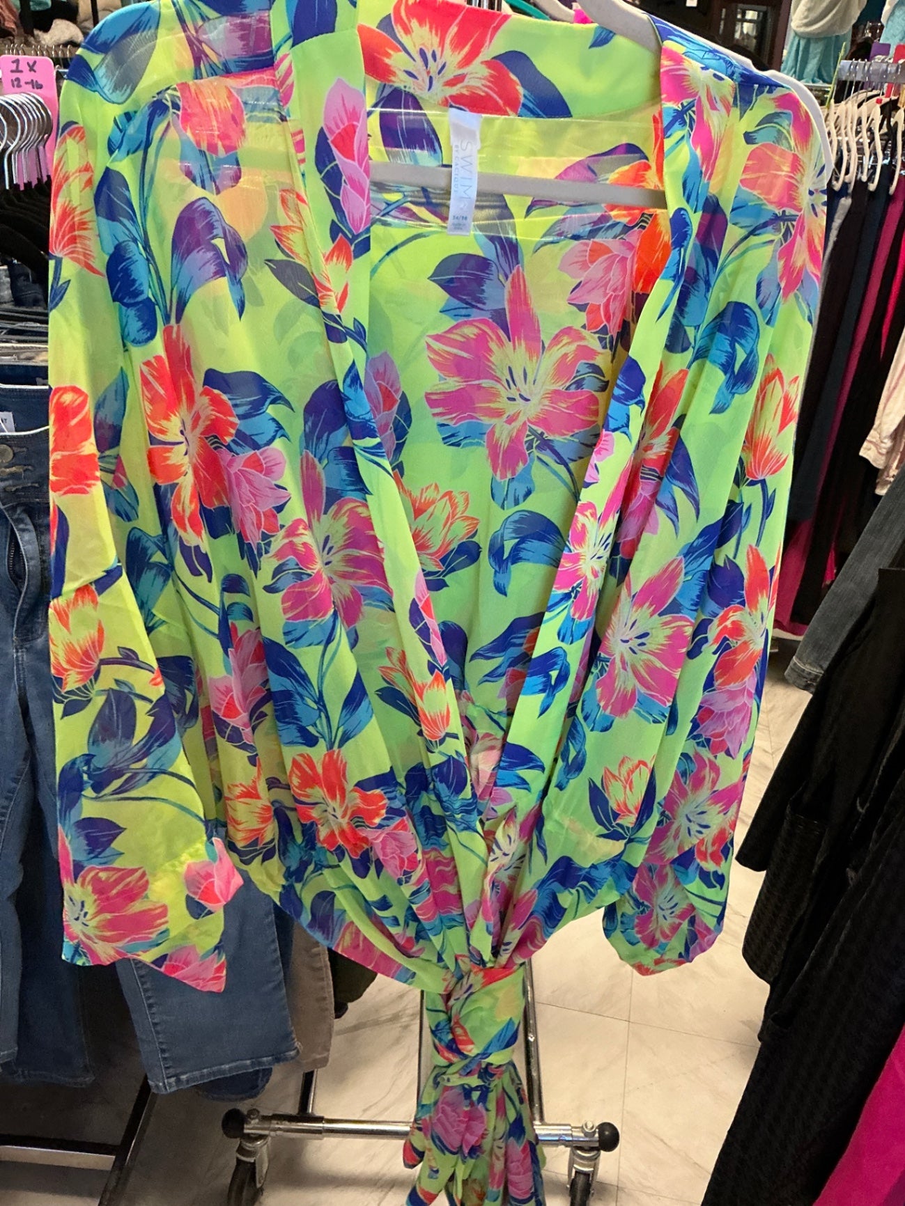 Cacique Swim Cover-Up 34/36 Neon Green with Floral Print