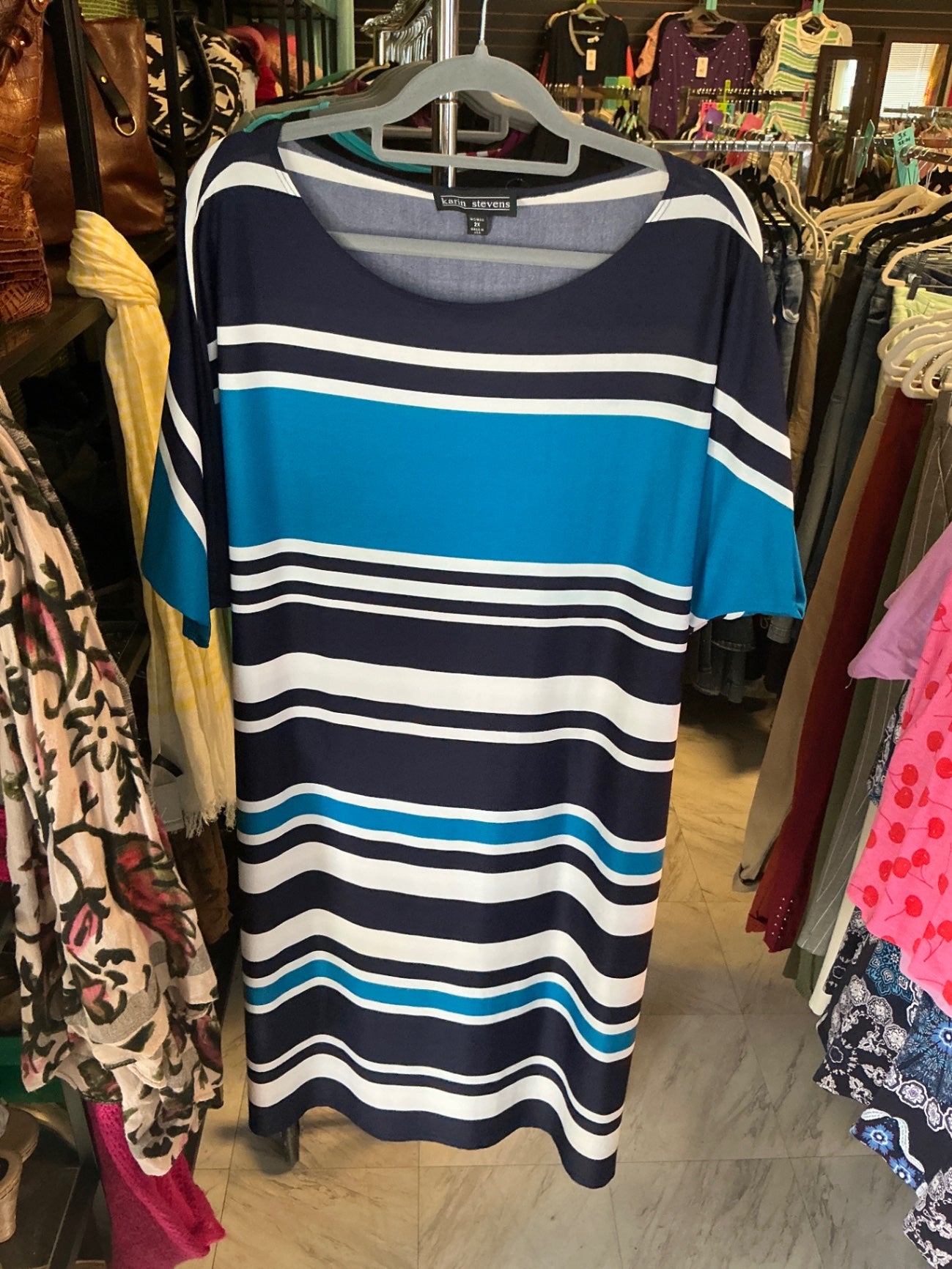 Karen Stevens Dress 2X Navy Blue and Teal