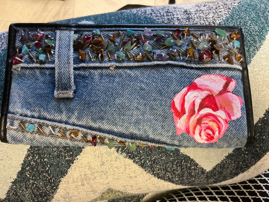 Vintage Embellished Denim Wallet Light Blue