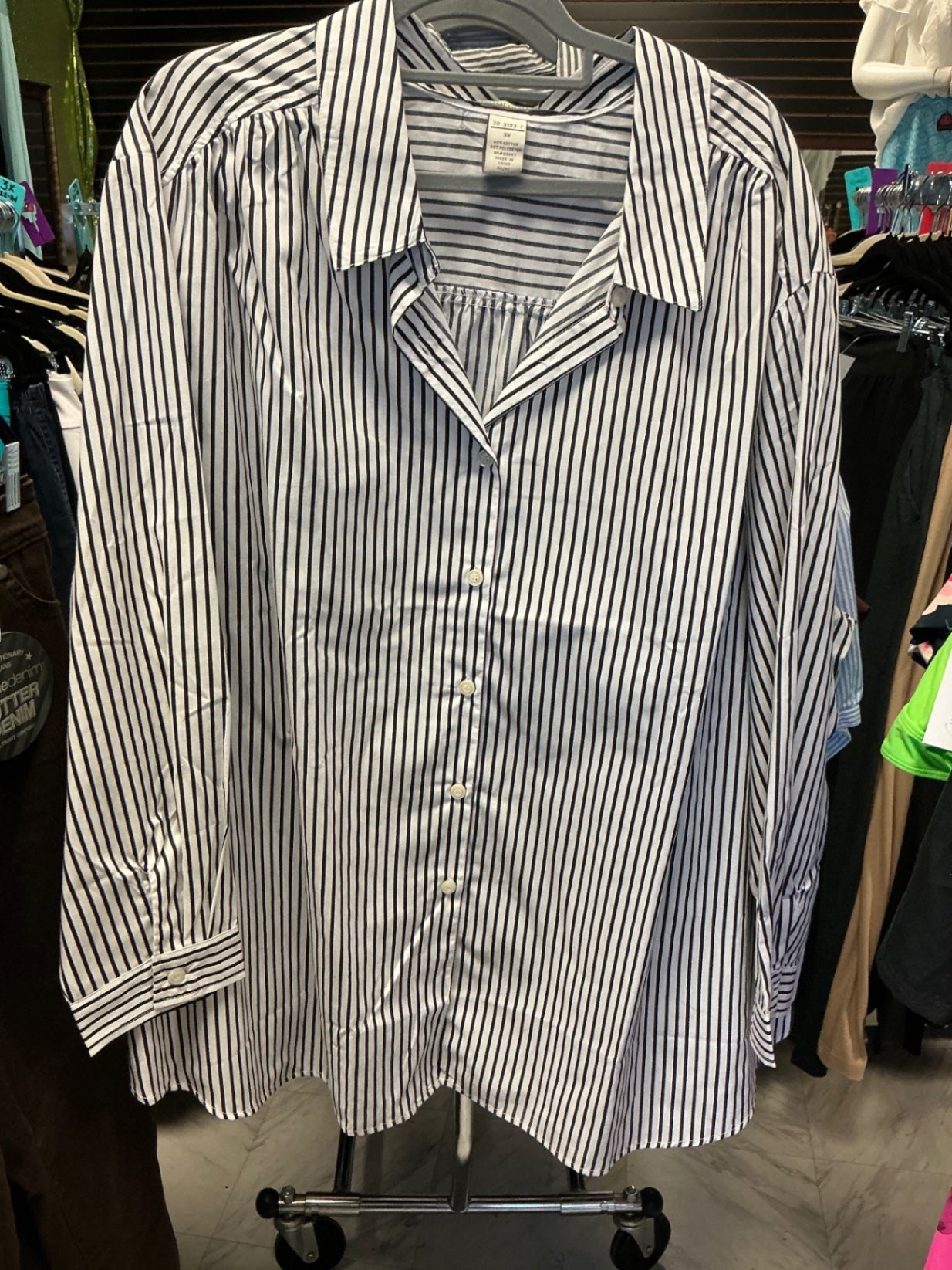 Roaman's Shirt 3X White and Navy Striped