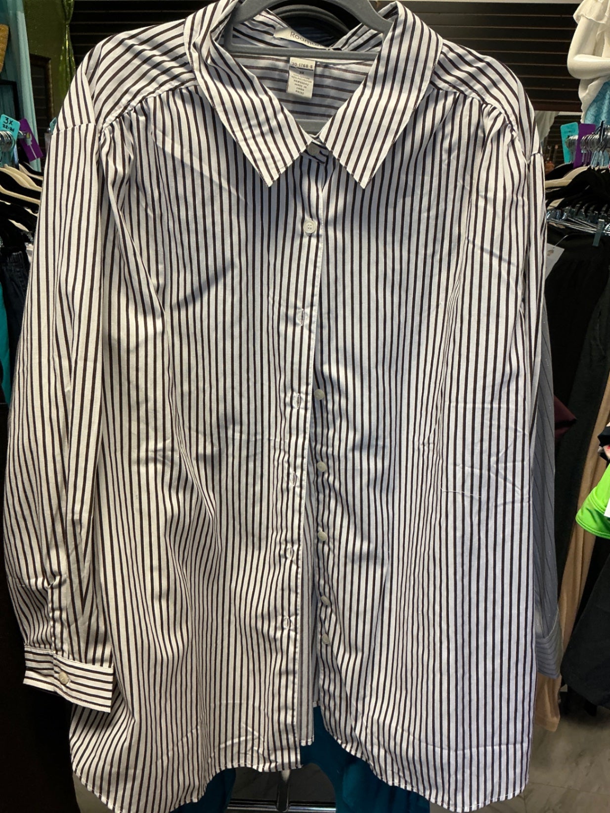 Roaman's Button-Up Shirt 3X White and Brown Stripes