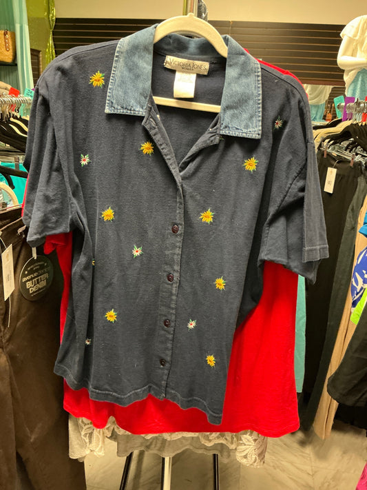 Victoria Jones Button-Up Shirt 1X Navy Blue with Multi-Color Embroidery
