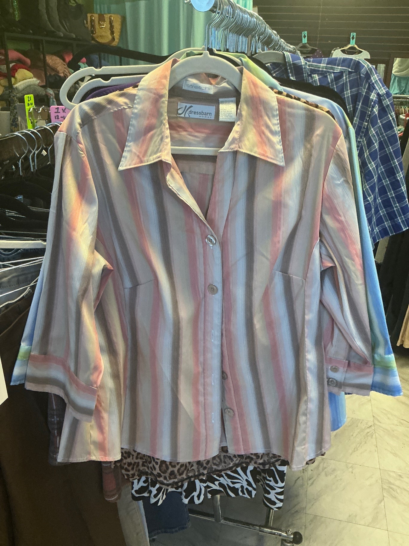 Dressbarn Button-Up Shirt 14w/16w Pink and Cream Stripes