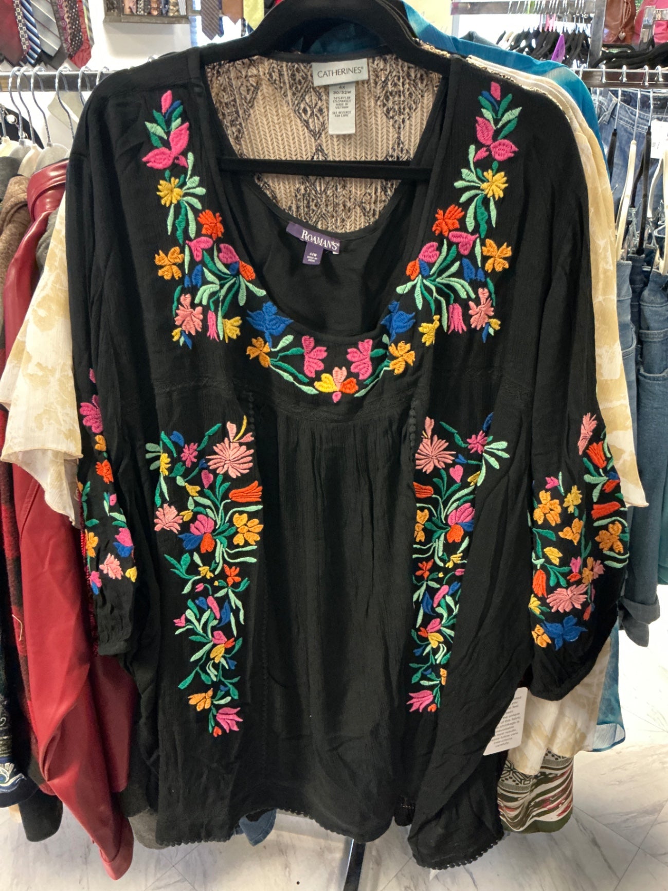Roaman's Blouse - Black with multicolor embroidery (pink, blue, yellow, orange, green) - 44W