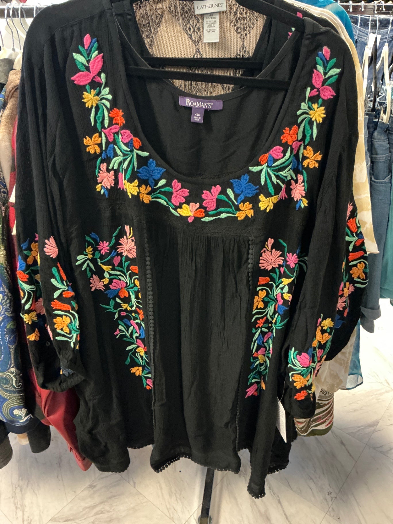 Roaman's Embroidered Blouse - Black with multicolored embroidery - 44W NWT